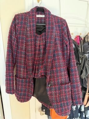 Textured Bouclé Plaid Jacket - Red & Navy and Skirt